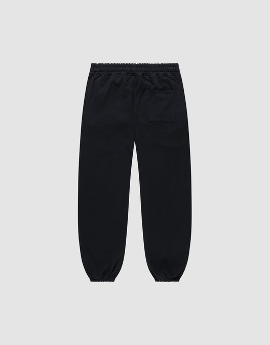 The DY Loose Jogger by LIVE FAST DIE YOUNG: black cotton sweatpants with a loose fit, elastic waistband and cuffs, and a right-side back pocket, shown from the rear on a plain light gray background.