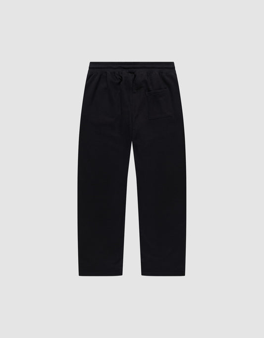 The LFDY Racing Wide Jogger by LIVE FAST DIE YOUNG features a black, straight-leg design with a wide fit, elastic waistband for comfort, and a single right back pocket. Shown flat on a light gray background.