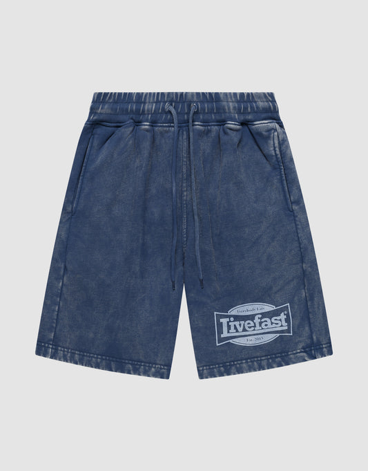 LFDY Bulge Shorts by LIVE FAST DIE YOUNG: Blue washed, 100% Baumwolle with drawstring, elastic waistband, side pockets, and Livefast graphic on the lower left leg. Regular fit for a relaxed vintage look. | plain