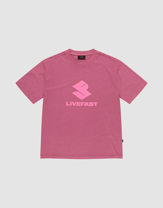 The LIVE FAST DIE YOUNG Live Fast LF Tee is a pink oversized short-sleeve t-shirt with a light pink geometric "LIVEFAST" logo, crafted from 100% Baumwolle, shown on a plain light gray background. | plain