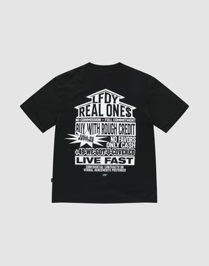 The LFDY Real Ones Tee by LIVE FAST DIE YOUNG is an oversized black T-shirt made of 100% cotton, featuring bold white graphic text and phrases like "LFDY REAL ONE$" and "NO COMMISSION" in various fonts on the front and back. | plain
