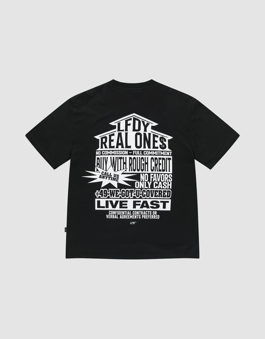 The LFDY Real Ones Tee by LIVE FAST DIE YOUNG is an oversized black T-shirt made of 100% cotton, featuring bold white graphic text and phrases like "LFDY REAL ONE$" and "NO COMMISSION" in various fonts on the front and back. | plain