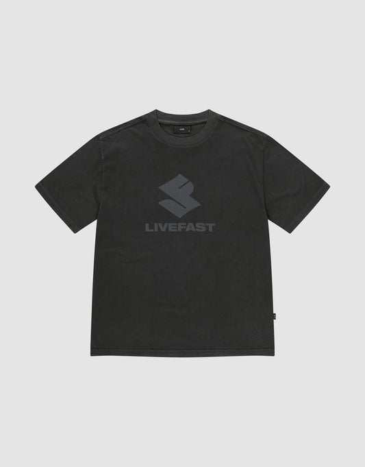 The Live Fast LF Tee by LIVE FAST DIE YOUNG is a black oversized short-sleeve shirt in 100% cotton, featuring a bold geometric front print and "LIVEFAST" in dark gray on the chest, shown against a plain light gray background. | plain