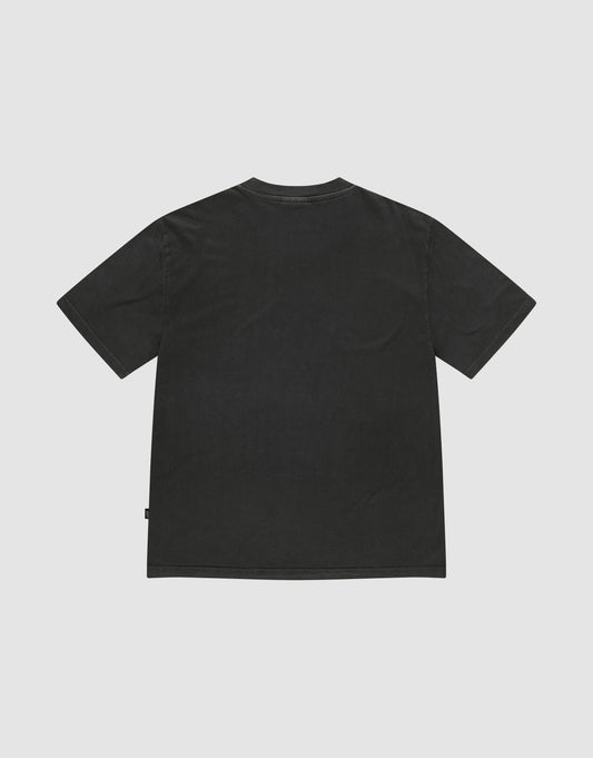 Back view of the Live Fast LF Tee by LIVE FAST DIE YOUNG, a plain black oversize fit short-sleeve t-shirt with a crew neck, made from 100% Baumwolle, shown flat on a light gray background with no visible designs or logos.