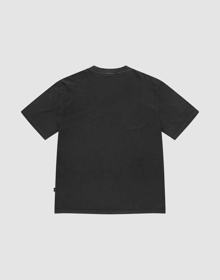 Back view of the Live Fast LF Tee by LIVE FAST DIE YOUNG, a plain black oversize fit short-sleeve t-shirt with a crew neck, made from 100% Baumwolle, shown flat on a light gray background with no visible designs or logos.