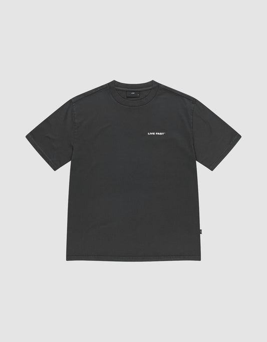 The LFDY Grand Theft Tee by LIVE FAST DIE YOUNG is a black, 100% Baumwolle oversize-fit short-sleeve shirt with "LIVE FAST" in small white letters on the left chest, shown against a light grey background.