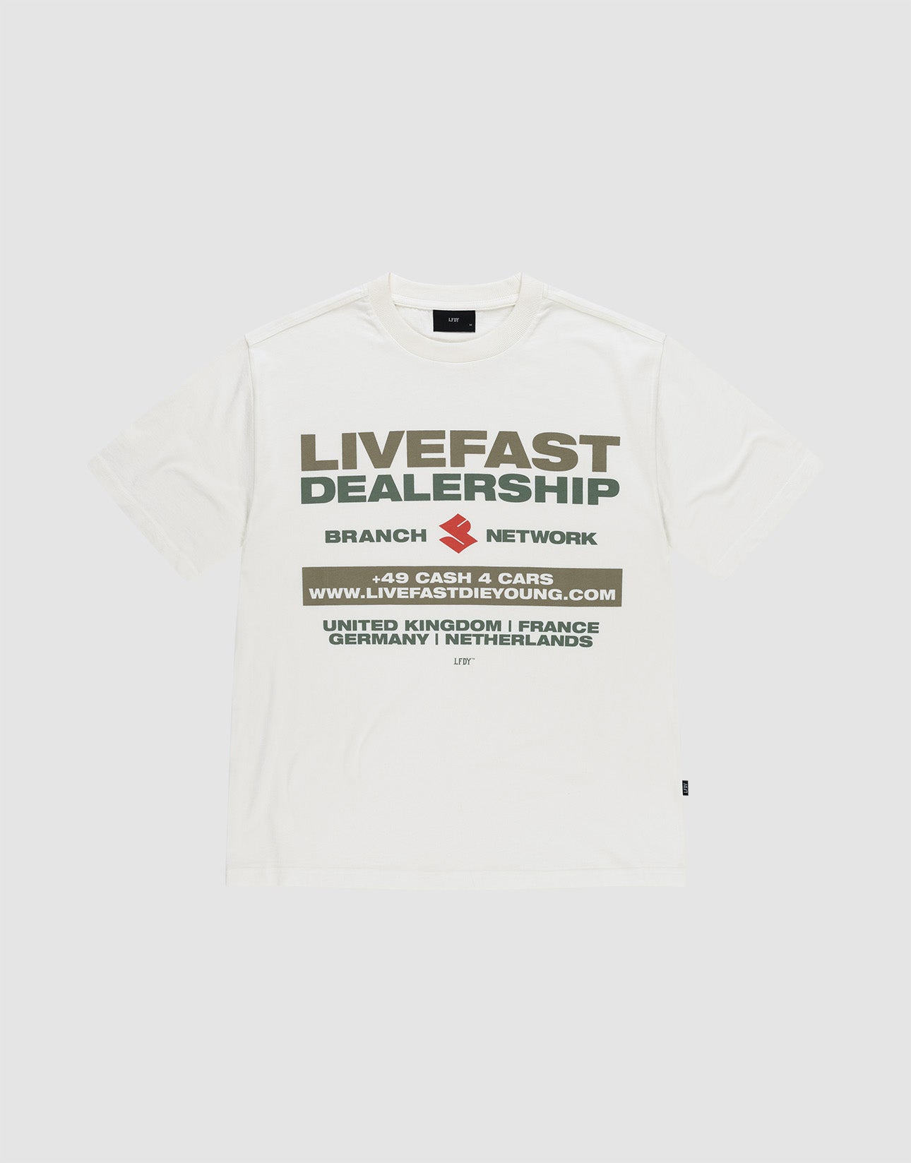 The LFDY Network Tee by LIVE FAST DIE YOUNG is an oversized white t-shirt with a bold "LIVEFAST DEALERSHIP" and "BRANCH NETWORK" front print above a web address and country list, made from 100% cotton for comfort and style.