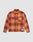 The LIVE FAST DIE YOUNG Vintage Flannel is a long-sleeve, button-up shirt with an oversized fit, red and orange plaid pattern, two chest pockets, and a blue brand patch near the hem, shown on a plain light background.