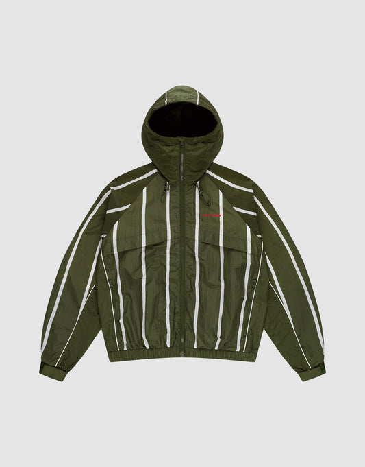 The LFDY Nylon Trackjacket by LIVE FAST DIE YOUNG is a green hooded jacket with elastic-tunnel drawstring, white vertical stripes, long sleeves, front zipper, small red chest logo, elastic waistband and cuffs, and an oversize fit for comfort.