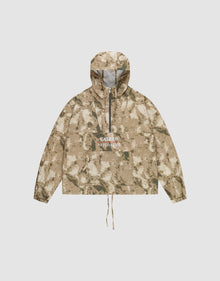 The LFDY Camo Halfzip Jacket by LIVE FAST DIE YOUNG is an oversized beige and brown camouflage hooded jacket, made from 100% Baumwolle, featuring a front pocket, drawstring hem, and "CALL US WILDNESS" in white on the chest. | plain