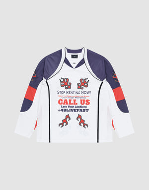 The LFDY Call Us Jersey by LIVE FAST DIE YOUNG is a long-sleeve white and navy oversized athletic shirt with red abstract designs, black and red graphics, and "STOP RENTING NOW! CALL US Lose Your Landlord +49LIVFFAST" text on the front. Polyester material. | plain