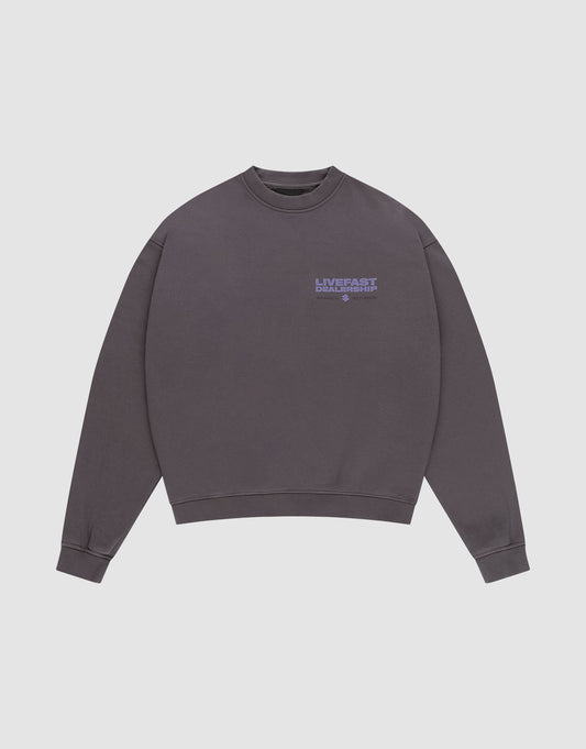 The LIVE FAST DIE YOUNG LFDY Network Sweater is an oversize fit crewneck in dark gray, made of soft cotton, featuring small purple "LIVE FAST, DIE YOUNG" text and a DNA STICK graphic on the left chest.