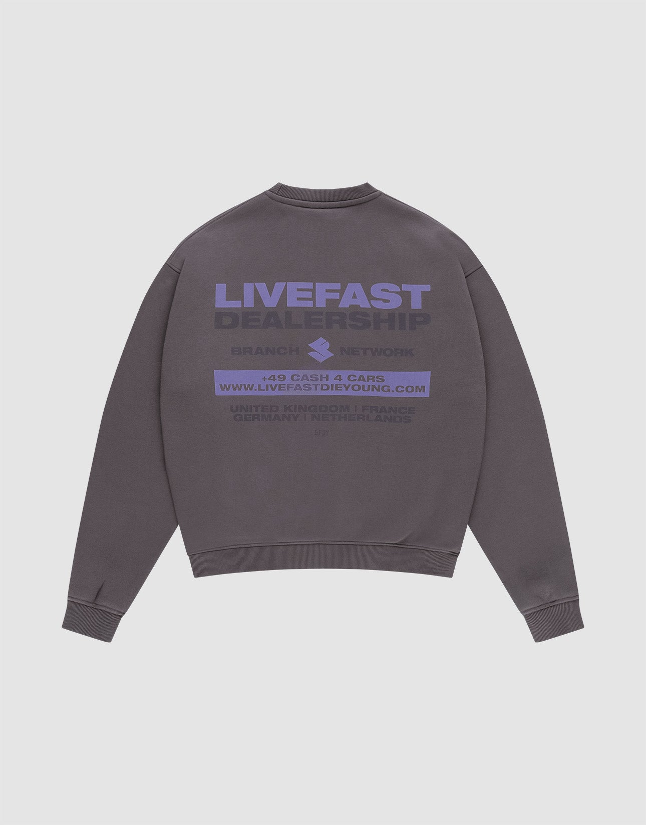 The LFDY Network Sweater von LIVE FAST DIE YOUNG ist ein graues Oversize-Crewneck aus Baumwolle mit lila "LIVEFAST DEALERSHIP" Backprint, weiteren Details, Website und Kleingedrucktem. Flach auf weißem Hintergrund präsentiert. | plain