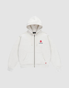 The LFDY Heavyweight Lounge Zip Hooded by LIVE FAST DIE YOUNG is a light gray, 100% Baumwolle zip-hoodie with front pockets, hood and drawstrings, minimalist design, and a small red Suzuki logo plus "LIVE FAST" on the left chest. Regular fit. | plain
