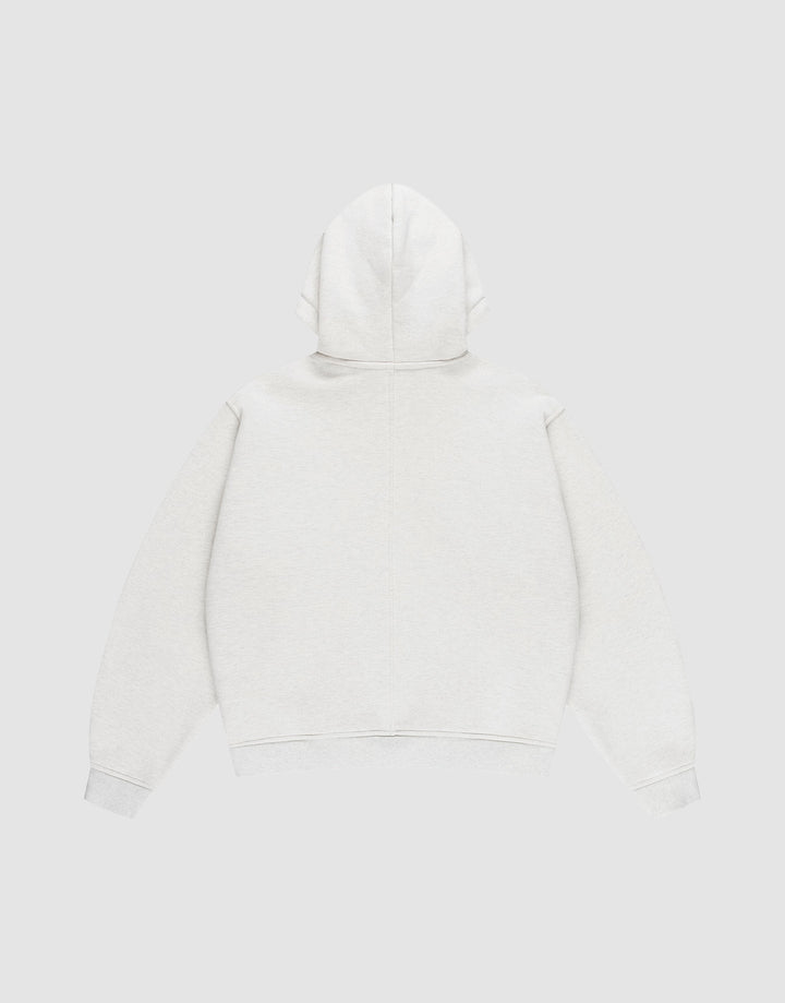 The LIVE FAST DIE YOUNG LFDY Heavyweight Lounge Zip Hooded, a plain light gray 100% Baumwolle hoodie in Regular Fit, is shown flat from the back with the hood up and sleeves spread out against a neutral background.