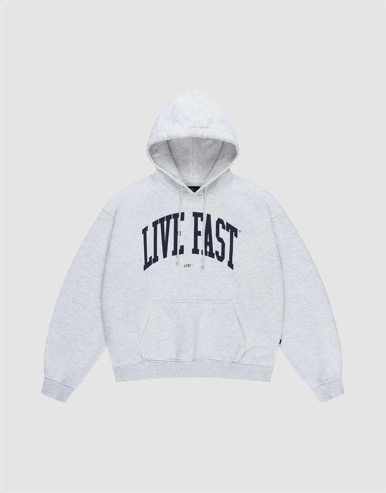 A light gray hooded sweatshirt with a front pocket and the words LIVE FAST printed in large black letters across the chest.