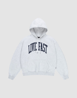 The Live Fast College Hooded sweatshirt by LIVE FAST DIE YOUNG features a light gray color, oversized fit, front pocket, and bold "LIVE FAST" black print on the chest. Made from soft Baumwolle for all-day comfort. | plain