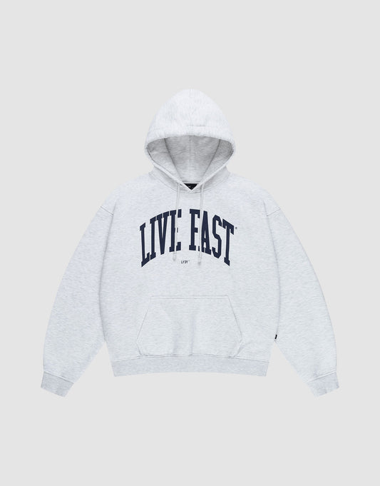 The Live Fast College Hooded sweatshirt by LIVE FAST DIE YOUNG features a light gray color, oversized fit, front pocket, and bold "LIVE FAST" black print on the chest. Made from soft Baumwolle for all-day comfort. | plain