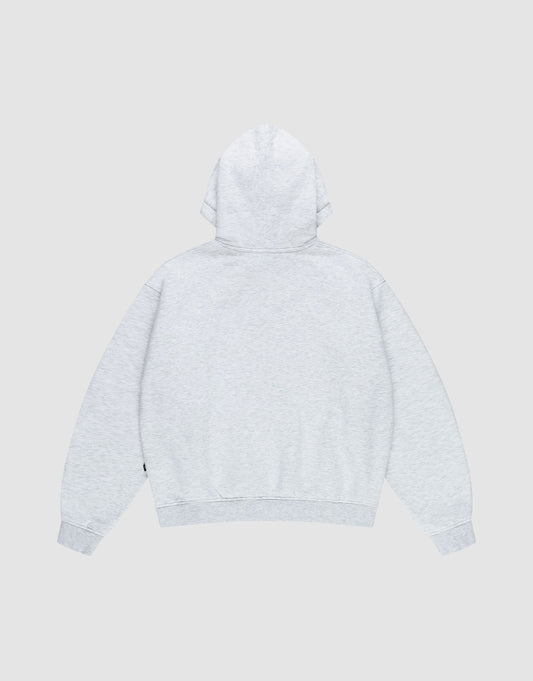 The LIVE FAST DIE YOUNG Live Fast College Hooded sweatshirt, in plain light gray Baumwolle, is shown back-facing on a neutral background. It features long sleeves, ribbed cuffs and hem for an Oversize Fit.
