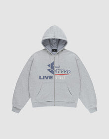 The LIVE FAST DIE YOUNG Flannel Lined Hooded Jacket is a light grey, oversize-fit men's jacket with front pockets and a hood. It features blue and red "LIVE Fast" graphic text on the chest, plus stylized details—perfect for a trendy look. | plain
