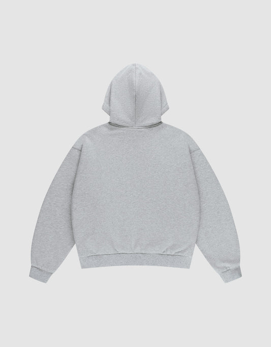 The LIVE FAST DIE YOUNG Flannel Lined Hooded Jacket in light gray is shown flat from the back with long sleeves and ribbed cuffs and hem. This oversize fit zip jacket blends comfort and style.