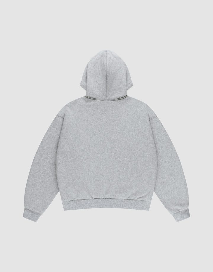 The LIVE FAST DIE YOUNG Flannel Lined Hooded Jacket in light gray is shown flat from the back with long sleeves and ribbed cuffs and hem. This oversize fit zip jacket blends comfort and style.