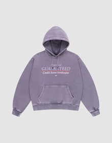 The LFDY Hotline Hooded by LIVE FAST DIE YOUNG is a lavender oversized hoodie with drawstring hood, front pocket, and white Approval GUARANTEED Credit Score Irrelevant prints on front and back, shown laid flat on a light gray background. | plain