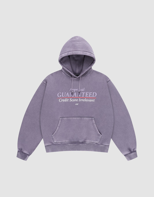The LFDY Hotline Hooded by LIVE FAST DIE YOUNG is a lavender oversized hoodie with drawstring hood, front pocket, and white Approval GUARANTEED Credit Score Irrelevant prints on front and back, shown laid flat on a light gray background. | plain