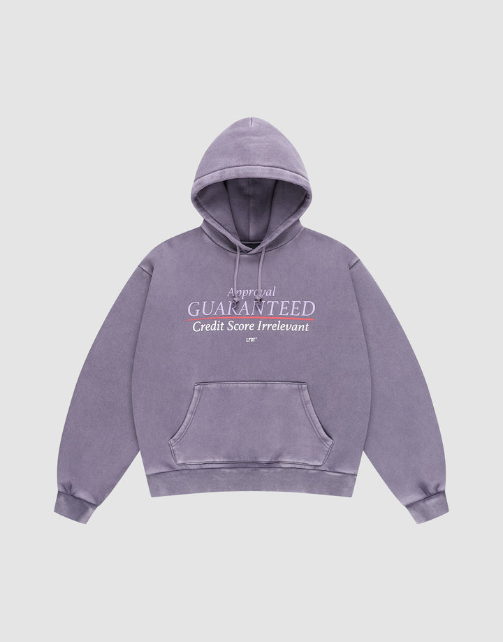 The LFDY Hotline Hooded by LIVE FAST DIE YOUNG is a lavender oversized hoodie with drawstring hood, front pocket, and white Approval GUARANTEED Credit Score Irrelevant prints on front and back, shown laid flat on a light gray background. | plain