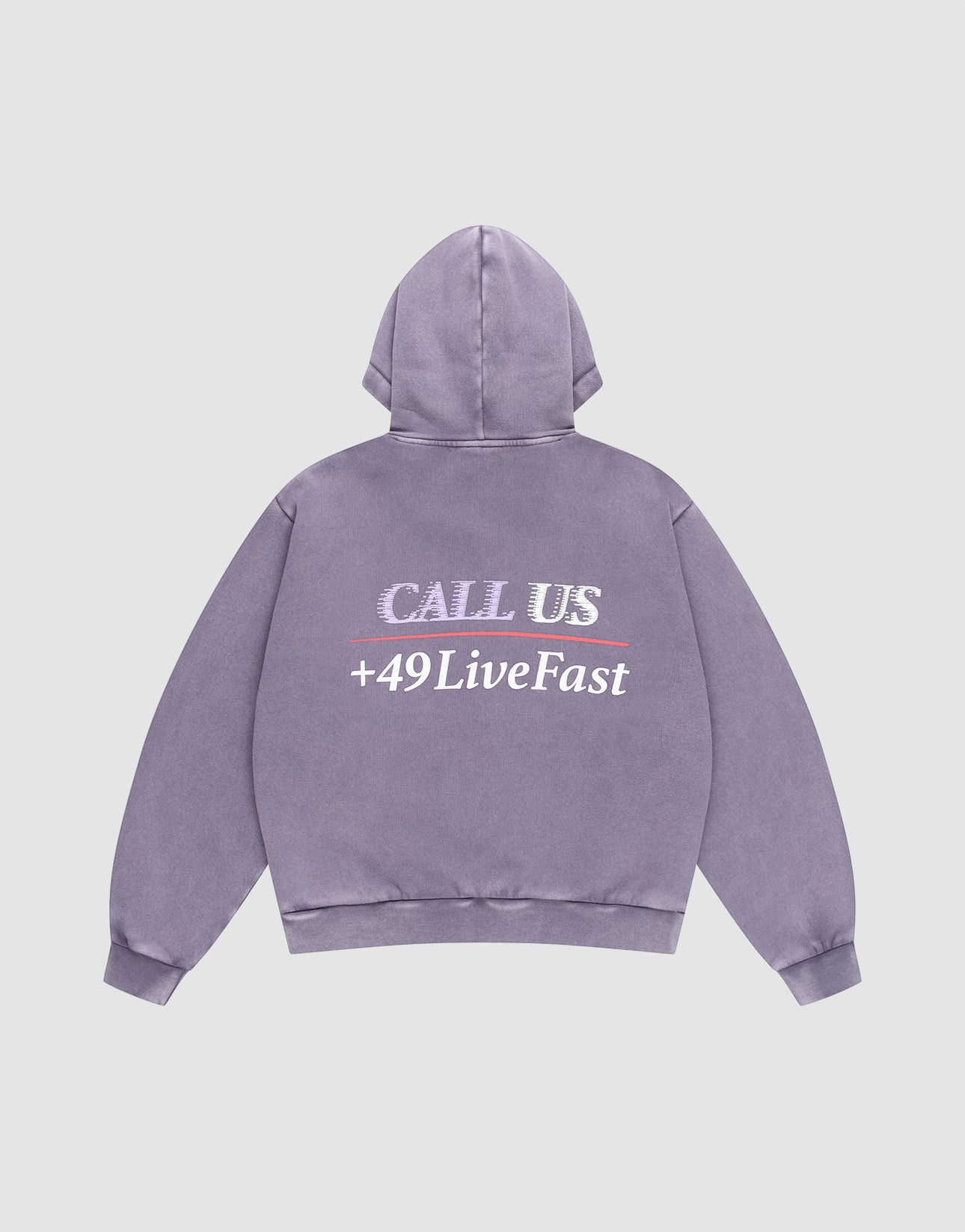 The LFDY Hotline Hooded by LIVE FAST DIE YOUNG is a purple oversized hoodie with a drawstring hood and CALL US +49LiveFast in white and light pink on the back, shown against a plain light grey background.