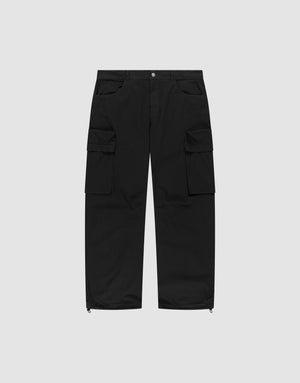 The LFDY Baggy Cargo by LIVE FAST DIE YOUNG features a baggy fit, 100% cotton build, multiple side cargo pockets, button and zip closure, and adjustable cuff drawstrings, shown flat on a light gray background. | plain