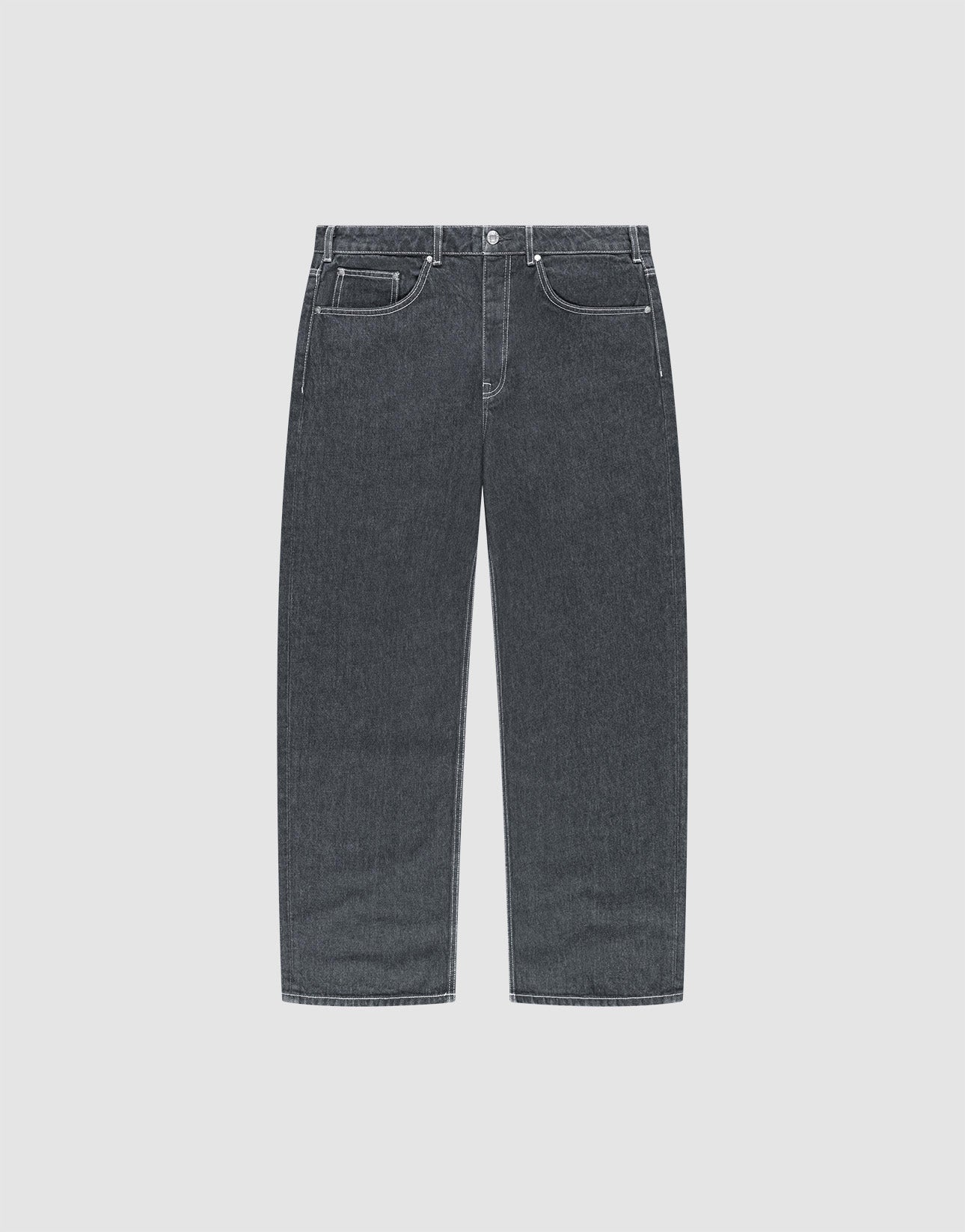 The LFDY Baggy Denim jeans by LIVE FAST DIE YOUNG feature a straight-leg fit, classic five-pocket design, and dark gray 100% Baumwolle denim, displayed flat on a light gray background.