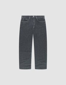 The LFDY Baggy Denim jeans by LIVE FAST DIE YOUNG feature a straight-leg fit, classic five-pocket design, and dark gray 100% Baumwolle denim, displayed flat on a light gray background. | plain