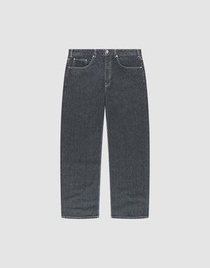The LFDY Baggy Denim jeans by LIVE FAST DIE YOUNG feature a straight-leg fit, classic five-pocket design, and dark gray 100% Baumwolle denim, displayed flat on a light gray background. | plain