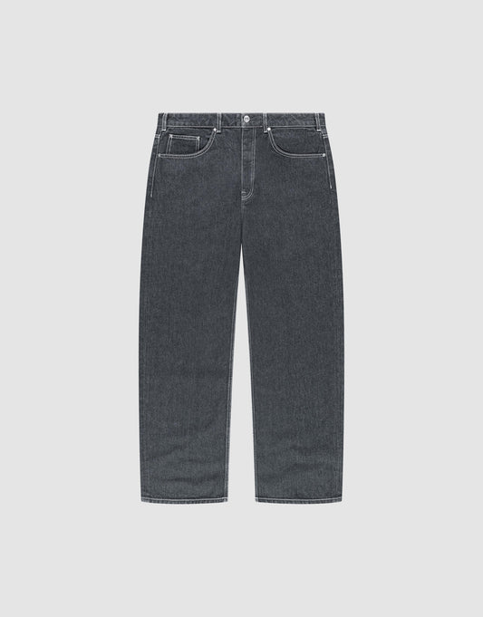 The LFDY Baggy Denim jeans by LIVE FAST DIE YOUNG feature a straight-leg fit, classic five-pocket design, and dark gray 100% Baumwolle denim, displayed flat on a light gray background. | plain