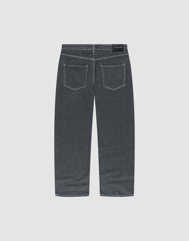 Back view of LFDY Baggy Denim by LIVE FAST DIE YOUNG in dark gray with two back pockets and white stitching, laid flat on a light background. Made from 100% Baumwolle for comfort and durability.