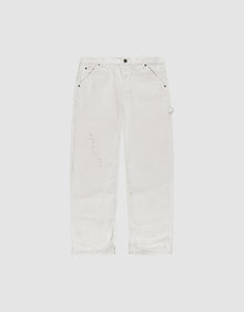 LIVE FAST DIE YOUNG Worker Pants shown flat on a light gray background. These white denim carpenter pants feature a baggy fit, straight legs, subtle distressing, side carpenter pockets, hammer loop, and are made from 100% Baumwolle. | plain