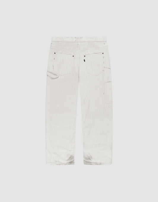 Back view of LIVE FAST DIE YOUNG Worker Pants in white: baggy fit, straight legs, large back pockets, carpenter pocket, visible seams. Crafted from 100% Baumwolle and shown against a plain light background.