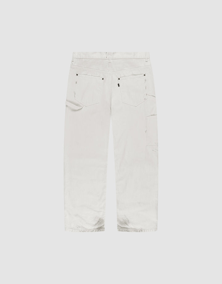 Back view of LIVE FAST DIE YOUNG Worker Pants in white: baggy fit, straight legs, large back pockets, carpenter pocket, visible seams. Crafted from 100% Baumwolle and shown against a plain light background.