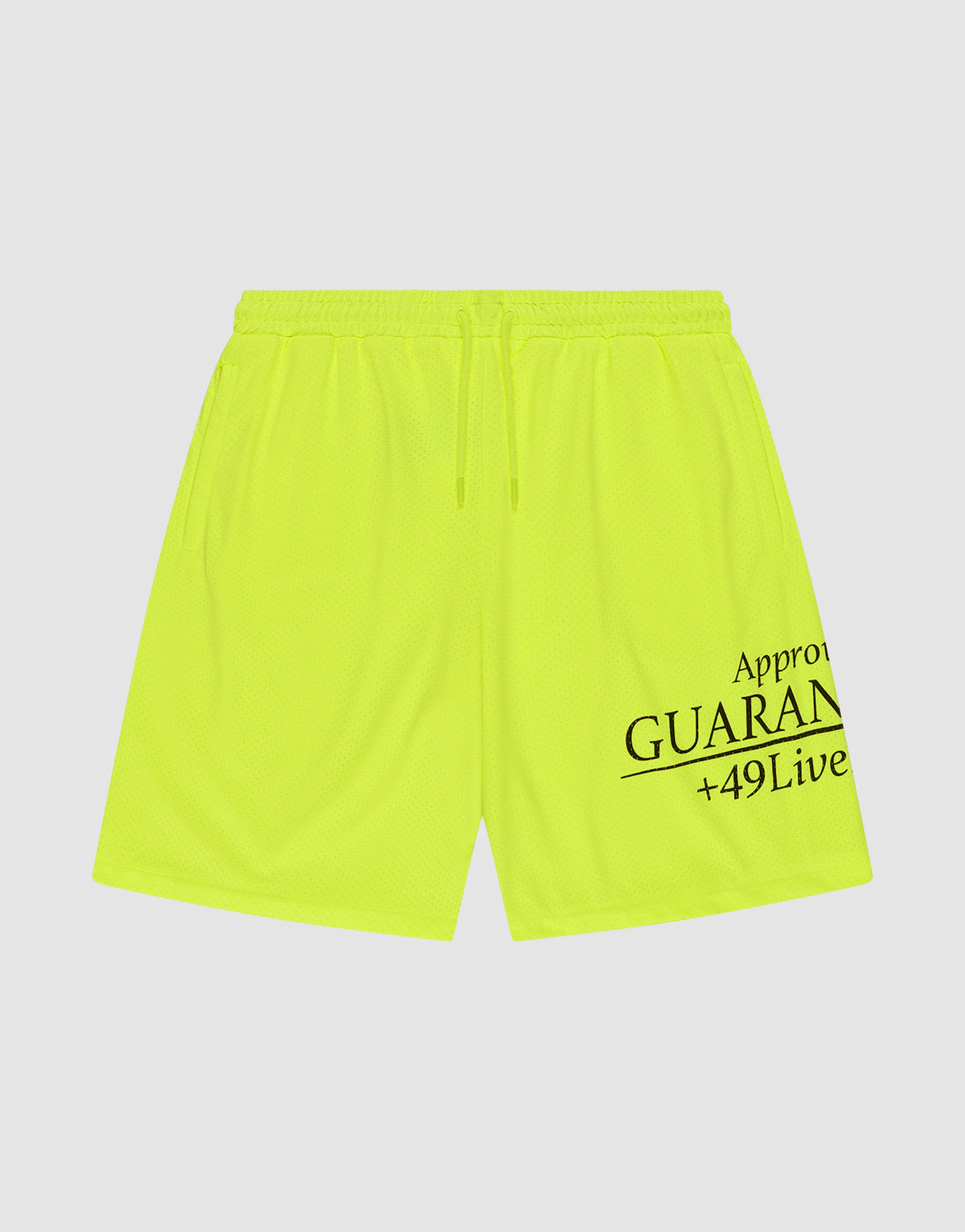 The LFDY Guaranteed Mesh Shorts by LIVE FAST DIE YOUNG are neon yellow polyester athletic shorts with an elastic waistband, drawstring, and black "Approv GUARAN +49Live" text on the lower right leg. Wide fit shown on a white background. | plain
