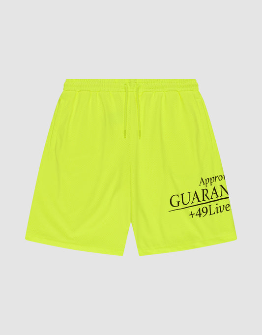 The LFDY Guaranteed Mesh Shorts by LIVE FAST DIE YOUNG are neon yellow polyester athletic shorts with an elastic waistband, drawstring, and black "Approv GUARAN +49Live" text on the lower right leg. Wide fit shown on a white background. | plain