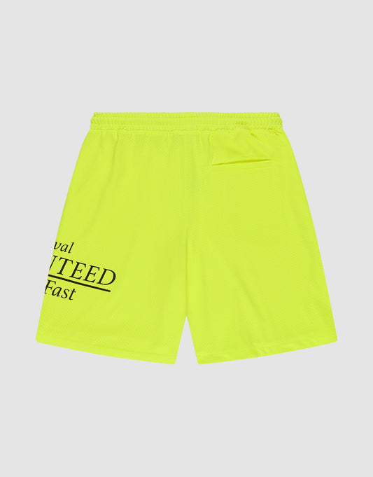The LFDY Guaranteed Mesh Shorts by LIVE FAST DIE YOUNG feature a bright yellow wide fit, elastic waistband, small back pocket, and partial “val YTEED Fast” text on the left leg. Made from lightweight polyester for sporty comfort.