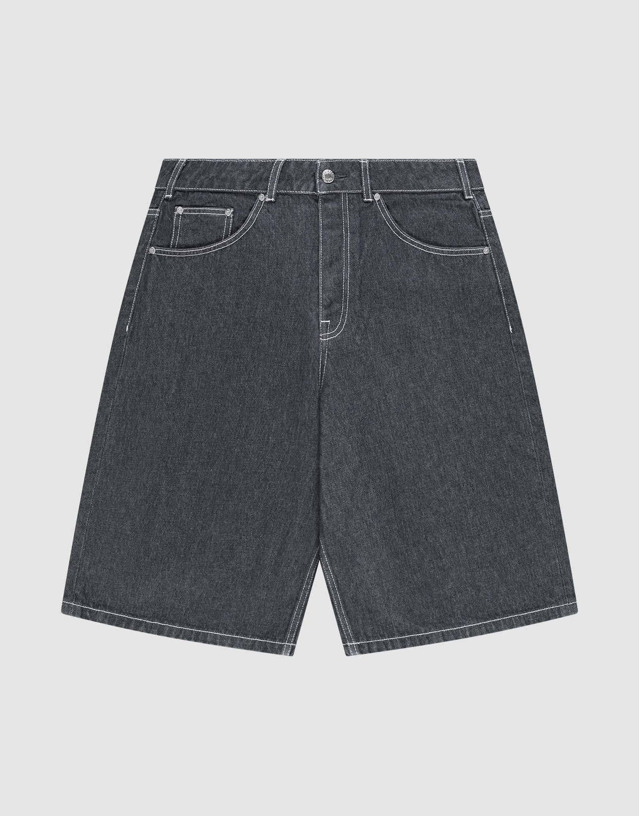 LIVE FAST DIE YOUNG LFDY Jorts in dark gray feature white stitching, five pockets, belt loops, a button fly, and a signature lederpatch. Shown laid flat on a light gray background. | plain
