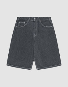 LIVE FAST DIE YOUNG LFDY Jorts in dark gray feature white stitching, five pockets, belt loops, a button fly, and a signature lederpatch. Shown laid flat on a light gray background. | plain