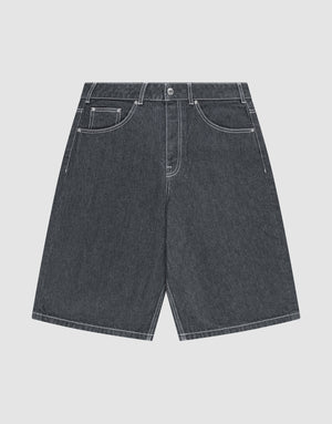 LIVE FAST DIE YOUNG LFDY Jorts in dark gray feature white stitching, five pockets, belt loops, a button fly, and a signature lederpatch. Shown laid flat on a light gray background. | plain