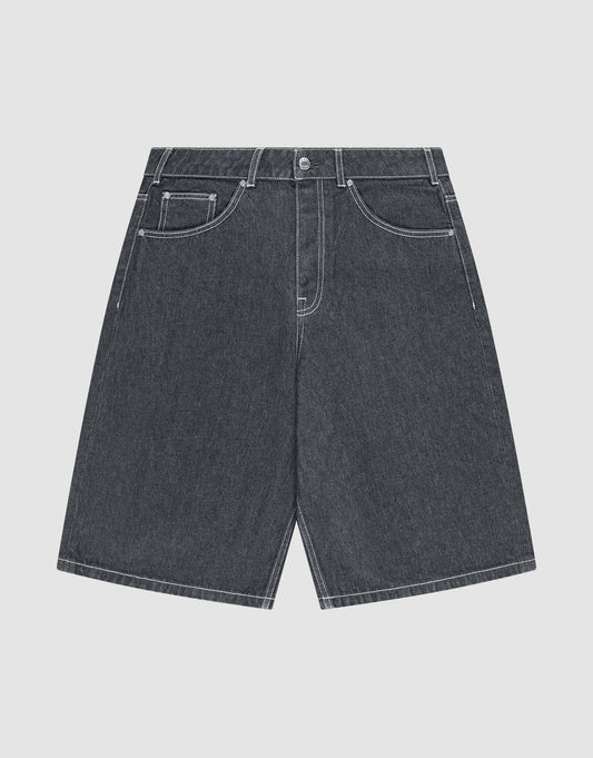 LIVE FAST DIE YOUNG LFDY Jorts in dark gray feature white stitching, five pockets, belt loops, a button fly, and a signature lederpatch. Shown laid flat on a light gray background. | plain
