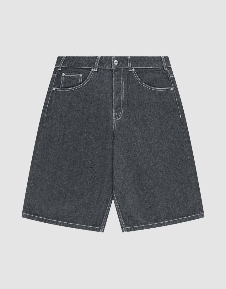 LIVE FAST DIE YOUNG LFDY Jorts in dark gray feature white stitching, five pockets, belt loops, a button fly, and a signature lederpatch. Shown laid flat on a light gray background. | plain