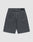 The LFDY Jorts by LIVE FAST DIE YOUNG are shown from the back, displaying a baggy fit, two large rear pockets with white stitching, and a black “LIVE FAST” Lederpatch on the waistband. The dark gray shorts are laid flat on a light background.