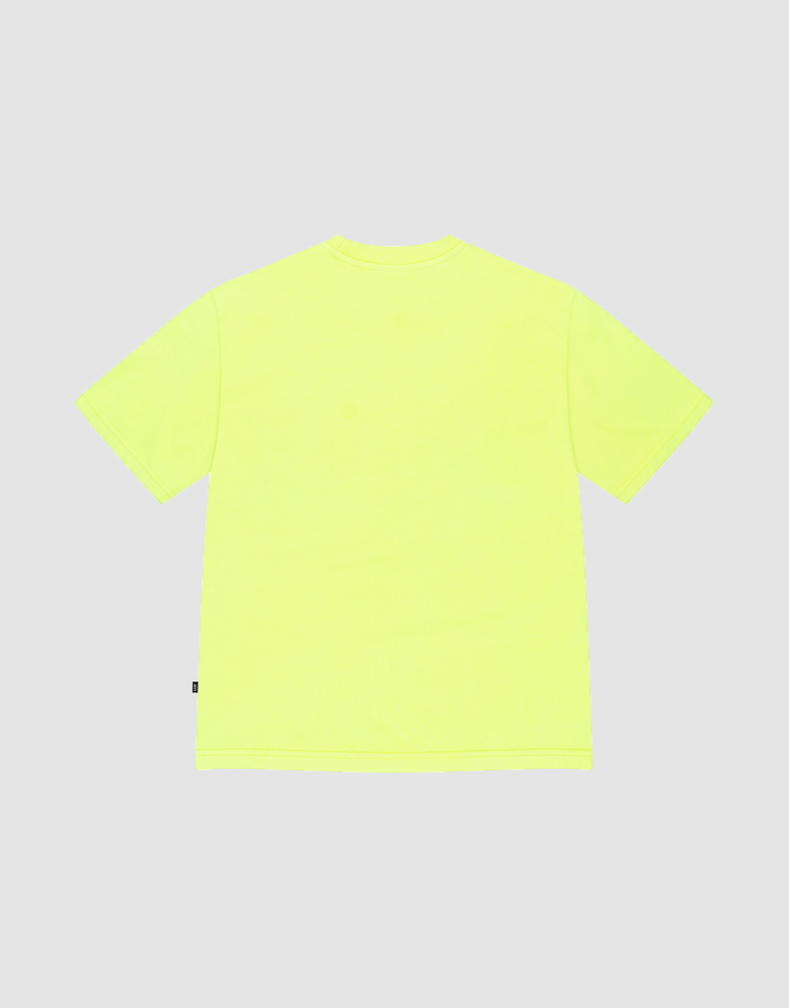 The LIVE FAST DIE YOUNG Basic OS Livefast Tee, a plain neon yellow short-sleeve T-shirt made from 100% Baumwolle, is shown laid flat on a light gray background, back view, with no visible designs or logos.