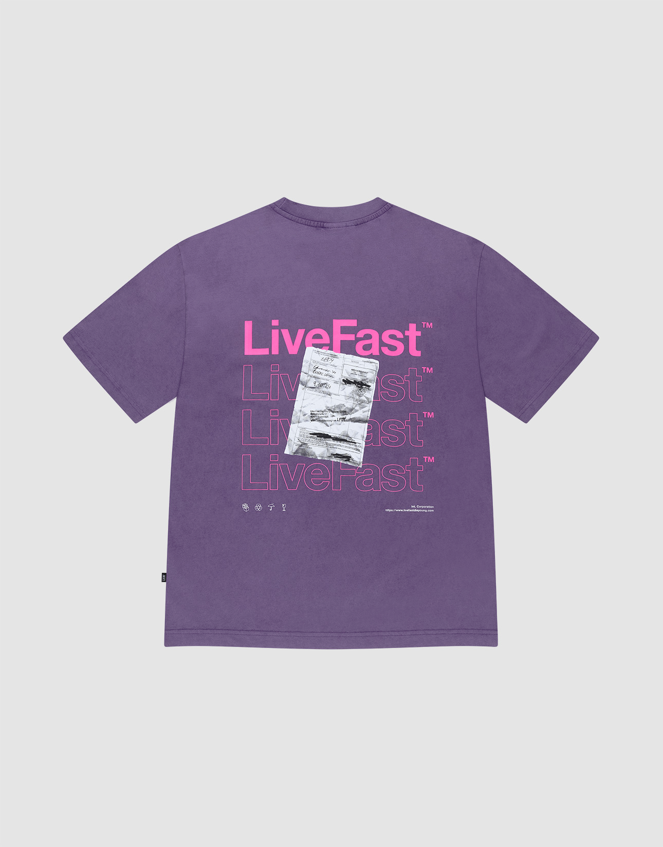The Basic Evidence Tee by LIVE FAST DIE YOUNG is a purple 100% cotton T-shirt with LiveFast pink backprint, black-and-white photo, and oversize fit for comfort. Features front and back prints for standout style. | plain